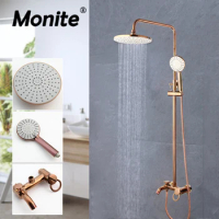 Monite Rose Gold Shower Faucet Rainfall Head Pink Golden Bathroom Bathtub Shower Set Faucet w/ Mixer Hand Shower &amp; Bathtub Spray