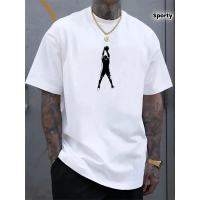 T-Shirt Lelaki Saiz Besar - T-Shirt Corak Siluet Pemain Bola Keranjang 100% - Baju Sukan Ringkas - T