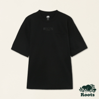 Roots男裝-舒適生活系列 刺繡海狸文字厚磅有機棉短袖T恤-黑色