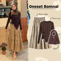 Bomnal - One Set Outfit 3in1 ( Atasan Knit Top Rib Knit Serut Samping + Bawahan Rok Ruffle 3 Susun+H
