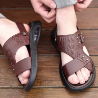 OUTDOOR Fashion Comfortable Men's Sandals Solid Color Open Toe Mens Leather Sandals New Slippers Beach for Male Leather sandal
