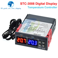 TZT Dual Digital STC-3008 Temperature Controller Two Relay Output Thermostat Heater with Probe 12V 24V 220V For Home