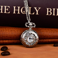 Silver pocket watch hollow petal pocket watch Round flip quartz watch long necklace hanging watch pocket watch