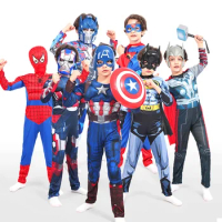Movie Superhero Spider Man Captain America Iron Man Thor Hulk Cosplay Costume Muscle Bodysuit Jumpsuit for Kids Halloween Party