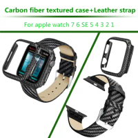Carbon Fiber Case+Leather Band For Apple Watch 7 6 Se Band 41mm 40mm 38mm 42mm 44mm 45mm iWatch Series 5 4 3 2 1 Cover+Bracelet