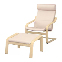 POÄNG 扶手椅及腳凳, 實木貼皮, 樺木/glose 米白色