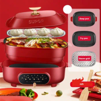 220V Household Electric Hot Pot Non-Stick Electric Frying Pan With Stainless Steel Grid Multi Cooker Cooking Pot