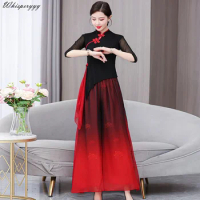 Ethnic Costume Black Dance Dress Female Gauze Dress Suit Chinese Style Fashion Set Vintage Ao Dai Vietnam Traditional Dress