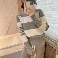 High Quality Korean Fashion High-end Wool Version Off-white Striped Waffle TB Top Drawstring Hooded Sweater Women's Knit Hoodie