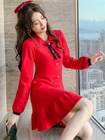 紅色衣服女裝打底針織毛衣娃娃領連衣裙本命年新年小紅裙減齡少女