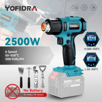 Yofidra 50-550℃ Cordless Heat Gun Wind Speed 6 Gear LED Temperature Display Industrial Home Hot Air Gun For Makita 18V Battery