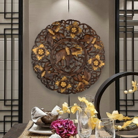 圓形木雕掛件客廳玄關木雕壁飾壁掛客廳背景墻裝飾泰國柚木雕花板1入