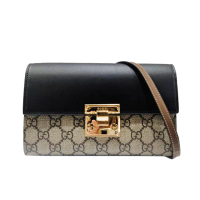 【GUCCI 古馳】779814 經典Padlock雙G LOGO帆布拼接金扣WOC斜背手拿包(黑色)