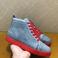 Luxury High Top Gray Real Leather Shoes Red Bottom Shoes For Men Flats Casual Shoes Loafers Size 48 Wedding Sneaker Women Spikes