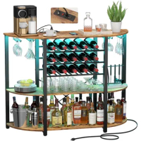 Life Wine Rack Table, Liquor Bar Cabinet with Outlet and LED Light, Freestanding Floor Bar Table with Glass Holder and Wine Rack