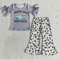 Easter style design trolley egg positioning gray ruffled short-sleeved top + leopard print wide-leg pants 2pcs