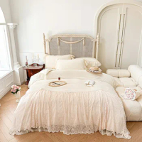 Velvet Romantic Lace Pink White Duvet Cover Set Queen 4Pcs Flannel Warm Soft Bedding set Duvet Cover Bed Sheet Pillow Shams