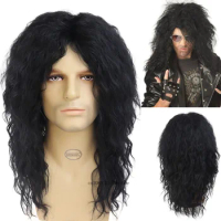 70s 80s Long Wavy Wig Synthetic Hair Black Fluffy Wigs Curly Disco Cosplay Carnival Party Costume Wig with Bangs for Men Cool