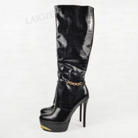 ZHIMA Women Knee High Boots Crocodile Print Zip Up Thin High Heels Boots Height Increase Handmade Shoes Woman Size 41 45 48 52