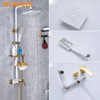 Bathroom Shower System 8 Inch Rainfall Shower Head Quality Copper Brass Bathroom Faucets Wall Mounted White Gold Bath Shower Set