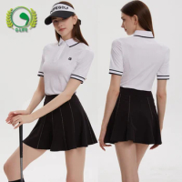 G-LIFE Women Golf Clothes College Style Short Sleeve Polo Tops Leisure Slim Shirts Lady Sports Ruffle Pleated Skort Golf Skorts