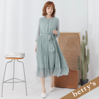 【betty’s 貝蒂思】雪紡點點荷葉小立領壓褶腰帶洋裝(湖水綠)