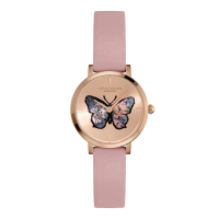 【Olivia Burton】Signature系列-超薄玫瑰金殼蝴蝶太陽紋面棉花霧粉色真皮錶帶(24000126)