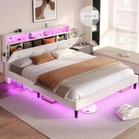 Full/Queen LED Bed Frame w/Storage Headboard Velvet Upholstered Bed Creamy White