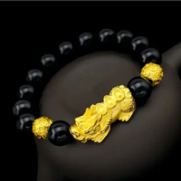 9999 24K Real Gold Pixiu Obsidian Red Agate Bracelet Bracelet Transfer Bead Bracelet Gold