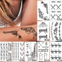 9pcs/Lot Waterproof Temporary Tattoo Sticker Gun Nail Flame Black Word Chain Flash Tatoo Woman Arm Body Art Fake Tatto Man Child