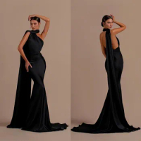 Slim Black Mermaid Evening Dresses For Women Halter Neck Backless Satin Evening Pageant Gowns Special Occassion Birthday Gowns