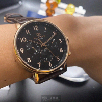 【Tommy Hilfiger】湯米希爾費格男女通用錶型號TH00003(黑色錶面玫瑰金錶殼咖啡色真皮皮革錶帶款)
