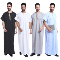 Lelaki arab Saudi jubah Kaftan Thawb Muslim krew leher sulaman Dubai islam panjang Abaya Ramadan Thobe Saudi lengan pendek pakaian Caftan