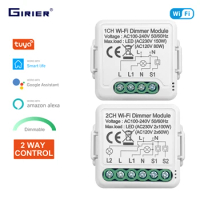 GIRIER Tuya Wifi Smart Dimmer Switch Module 10A Support 2 Way Control Dimmable Light Switch 1 2 Gang Work with Alexa Google Home