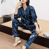 Imitation Silk Pajama Set Floral Print Silky Pajama Set for Women Long Sleeve Homewear Shirt Wide Leg Pants Sleepwear for Spring