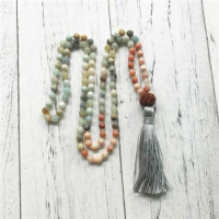 108 Knotted Mala Beads Necklace Meditation Prayer Necklace Matte Amazonite &amp; Pink Aventurine Mala Beads For Courage Truth Joy