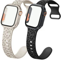 Case+Strap For Apple Watch Band 45mm 44mm 41mm 40mm 38 42mm Leopard Silicone Bracelet iWatch 3 4 5 6 Se 7 8 Change To Ultra Case