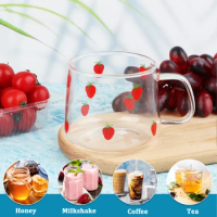 300ML Glass Milk Bottle with Straw Cute Reusable Strawberry Fruit Cups Clear Glass Tea Cup Heat-Proof Water Cup Glass jar straw