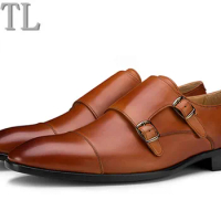 LTTL Men Genuine Leather Double Monk Strap Shoes Luxury Party Banquet Shoes British Style Fashion Loafers Shoes Plus Size 38-46