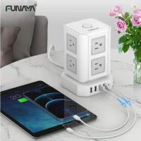 Tower Power Strip Table Sockets UK US SG 8 Outlets 4 USB AC110V 220V 10A 2500W Home Office Overload Protection Travel Socket