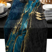 Marble Peacock Blue Linen Table Runners Modern Minimalist Black Gold Table Runner Holiday Dresser Scarves Dining Table Decor