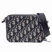 Dior 經典OBLIQUE緹花帆布小牛皮飾邊拉鍊手拿/斜背包(黑/米)