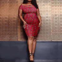 African Women's Plus Size Dress Ankara Calico One-shoulder Chest Cutout Knee-length Dress A2325007