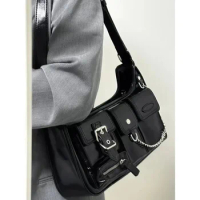 Xiuya Y2k Moto Biker Handbags for Women 2023 Gothic Fashion High Street Shoulder Bag Black Patent Leather Casual Coin Purse