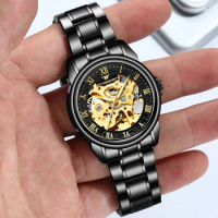FNGEEN Gold Skeleton Mechanical Watch for Men Stainless Steel Band Waterproof Luminous Classic Mens Watches Top Brand Luxury