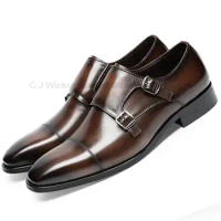 Mens Oxford Shoes Genuine Leather Brand Casual Shoes Cap Toe Double Buckle Monk Strap Classic Dress Shoes Black Brown Shoes Men