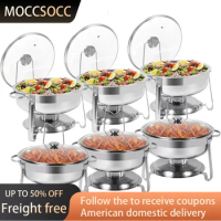4 QT Stainless Steel Chafing Dishes With Glass Lid &amp; Lid Holder Dinner Plate 6 Packs Round Chafing Dish Buffet Set Tableware
