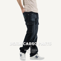牛仔工作褲 中直筒牛仔褲 丹寧 貓爪刷白牛仔長褲 工作長褲 多口袋側袋褲 工裝褲 直筒褲 口袋褲 側貼袋長褲 英文字車繡後口袋 Men's Cargo Jeans Denim Cargo Pants Regular Fit Jeans Embroidered Pockets (321-8201-21)深牛仔 L XL 2L 3L 4L 5L (腰圍30~41英吋76~104公分) 男 [實體店面保障] sun-e