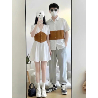 Set Đồ Đôi Phối Màu Trắng Nâu XuBi Couple, Váy Cổ V Phối Eo Sang Chảnh Mix Áo Sơ Mi Nam Tay Ngắn Trẻ