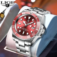 New LIGE Red Automatic Mechanical Watch Diver Watch Sports Waterproof Watches Luxury stainless steel watch men relojes mecánicos